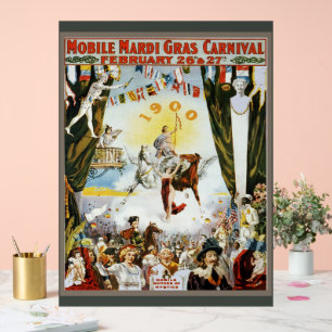 Antieke 1900 Mobile Mardi Gras Carnaval Poster Kun