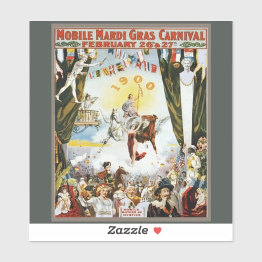 Antieke 1900 Mobile Mardi Gras Carnaval Poster Kun Sticker (Vel)