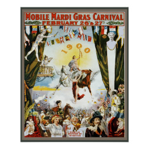 Antieke 1900 Mobile Mardi Gras Carnavalposter Kuns Perfect Poster