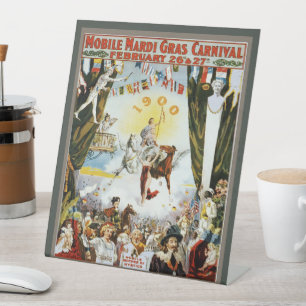 Antieke 1900 Mobile Mardi Gras Carnavalposter Kuns Reclamebord Met Voetstuk