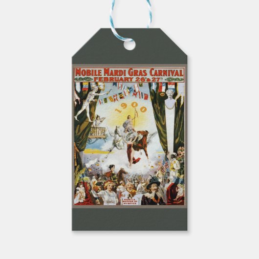 Antieke 1900 Mobile Mardi Gras Carnavalsposter Kun Cadeaulabel (Voorkant)