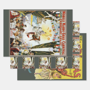 Antieke 1900 Mobile Mardi Gras Carnavalsposter Kun Inpakpapier Vel