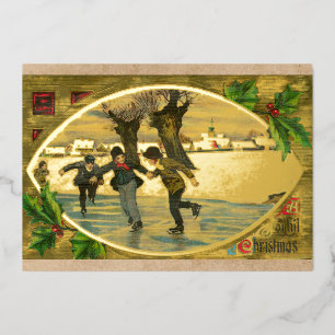 Antieke 1909 Jongens IJshockey Goud Folie Feestdagenkaart