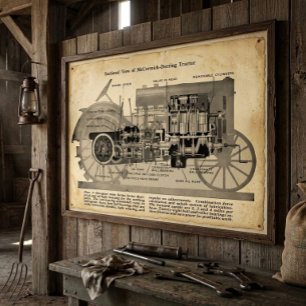 Antieke 1913 doorsnede van een tractor poster