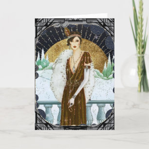 Antieke 1920s Bronzen Jurk Kerst Flapper Vrouw Feestdagen Kaart