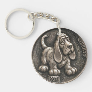 Antieke 1937 Hobo Nickel Basset Hound Hond Sleutelhanger