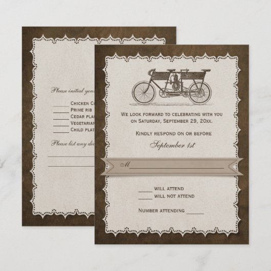 Antieke 19e-eeuwse tandem-fiets bruiloft RSVP Kaartje (Voorkant / Achterkant)