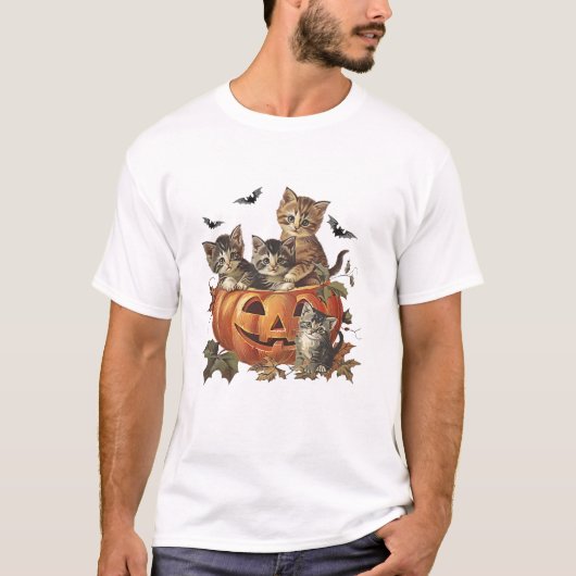 Antieke 90s Kat Halloween Pompoen T-shirt (Voorkant)