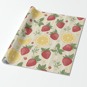 Antieke Aardbei en Citroen Botanisch Cadeaupapier