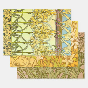 Antieke Alphonse Mucha Art Nouveau lelie patroon Inpakpapier Vel