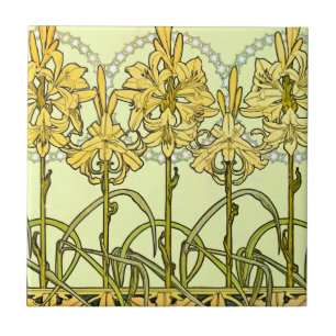 Antieke Alphonse Mucha Art Nouveau lelie patroon Tegeltje