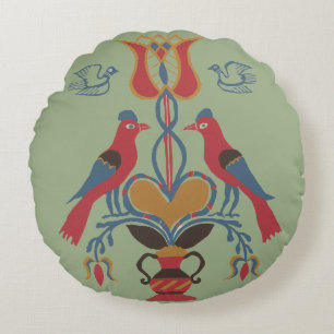 Antieke Amerikaanse volks kunst vogels hart bloemm Rond Kussen