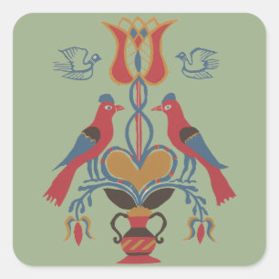 Antieke Amerikaanse volks kunst vogels hart bloemm Vierkante Sticker