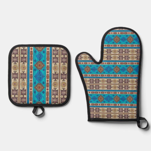Antieke Aqua Blauwe Bleek Gouden Kilim Turkse Vloe Ovenwant & Pannenlap Set (Voorkant)