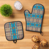 Antieke Aqua Blauwe Bleek Gouden Kilim Turkse Vloe Ovenwant & Pannenlap Set (Top down)
