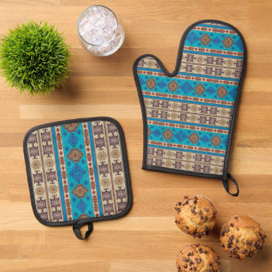Antieke Aqua Blauwe Bleek Gouden Kilim Turkse Vloe Ovenwant & Pannenlap Set