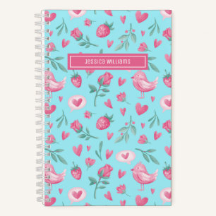 Antieke Aquarel Bloem Roze Rozen Vogel Patroon Notitieboek