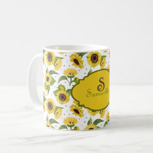 Antieke Aquarel Zonnebloemen Naam Monogram Koffiemok