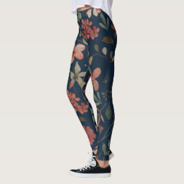 Antieke aquarelprint bloemmotief op marineblauw leggings