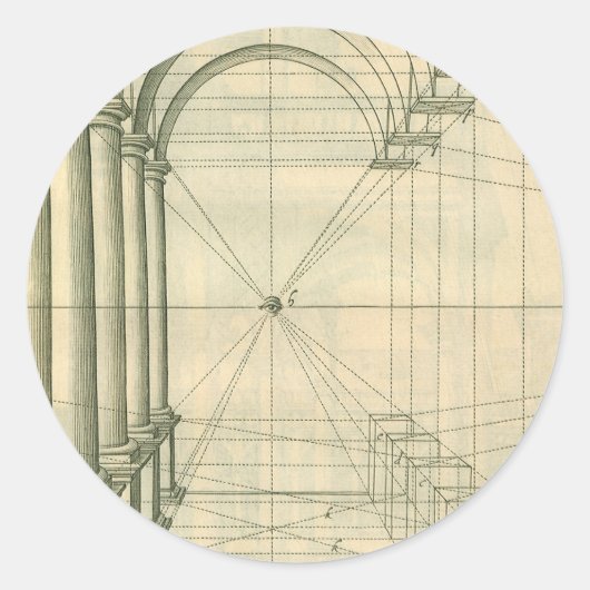 Antieke architectuur, bogen zuilen perspectief ronde sticker (Voorkant)