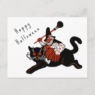 Antieke Art Deco Heks Zwarte Kat Halloween uit de  Briefkaart