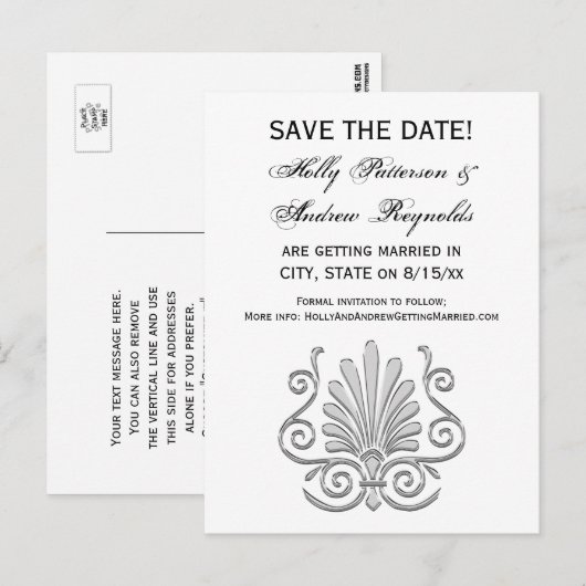 Antieke Art Deco Zilveren Pluim Arabesk Aankondigingskaart (Voorkant / Achterkant)