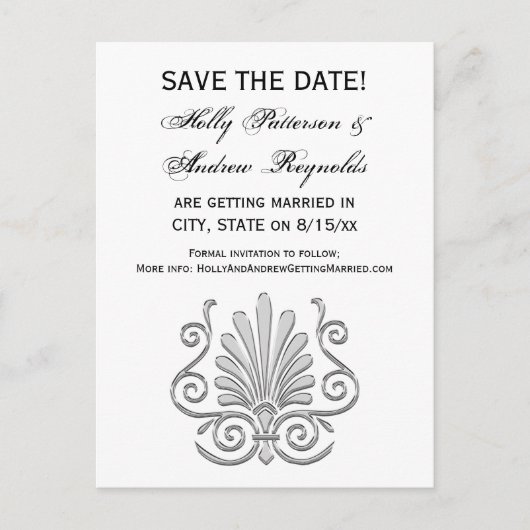 Antieke Art Deco Zilveren Pluim Arabesk Aankondigingskaart (Voorkant)