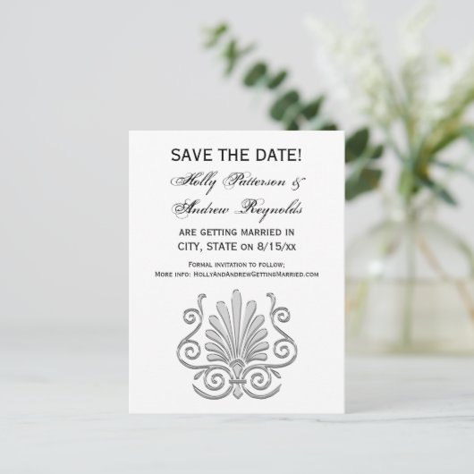 Antieke Art Deco Zilveren Pluim Arabesk Aankondigingskaart (Staand voorkant)