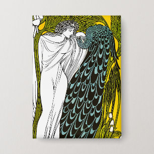 Antieke Art Nouveau vrouw en pauw poster Button