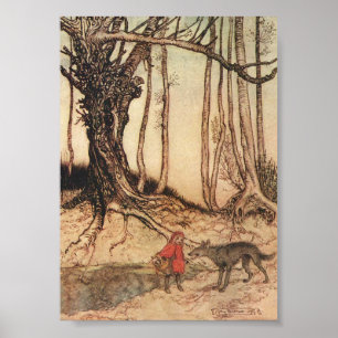Antieke Arthur Rackham Roodkapje & Wolf Print