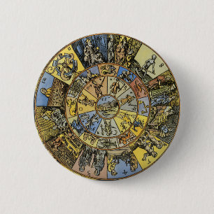 Antieke Astrologie, Renaissance Dierenriemwiel, 15 Ronde Button 5,7 Cm