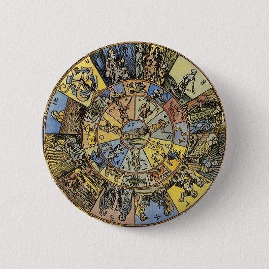 Antieke Astrologie, Renaissance Dierenriemwiel, 15 Ronde Button 5,7 Cm (Voorkant)