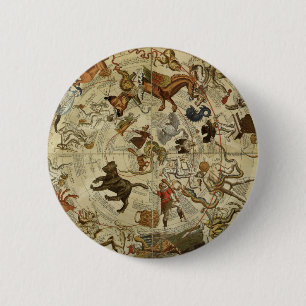 Antieke astronomie, hemelkaart sterrenkaart ronde button 5,7 cm