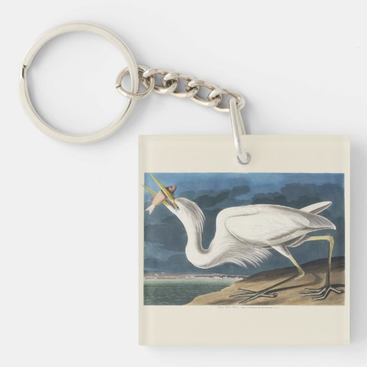 Antieke Audubon Grote Witte Reiger Vogel Kunst Sleutelhanger (Voorkant)