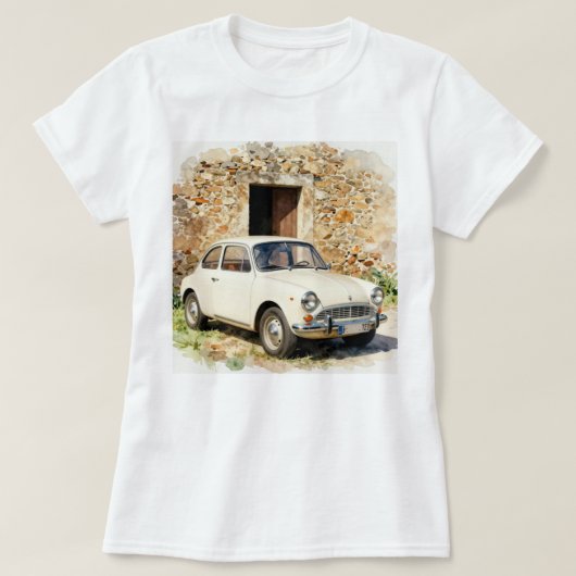 Antieke auto bij stenen gebouw t-shirt (Design voorkant)