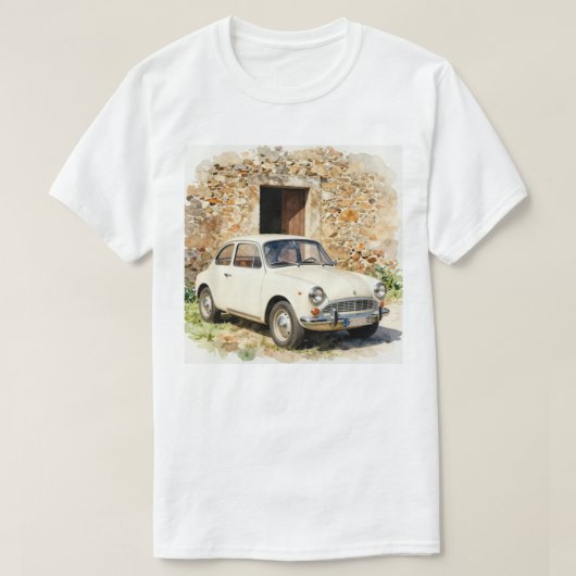Antieke auto bij stenen gebouw t-shirt (Design voorkant)