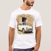 Antieke auto bij stenen gebouw t-shirt (Voorkant)
