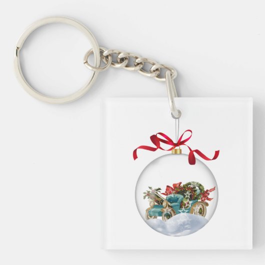 Antieke auto in een heldere kerstbal sleutelhanger (voorkant)
