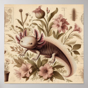 Antieke Axolotl-tekening met Aquatische Bloemen La Poster