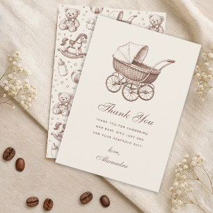 Antieke babywagen baby shower bruin ivoor bedankkaart