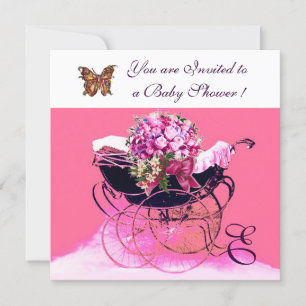 ANTIEKE BABYWAGEN MET BLOEMEN, VLINDERS BABYSHOWER KAART