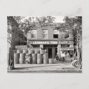 Antieke bandenwinkel, zwart-wit foto briefkaart