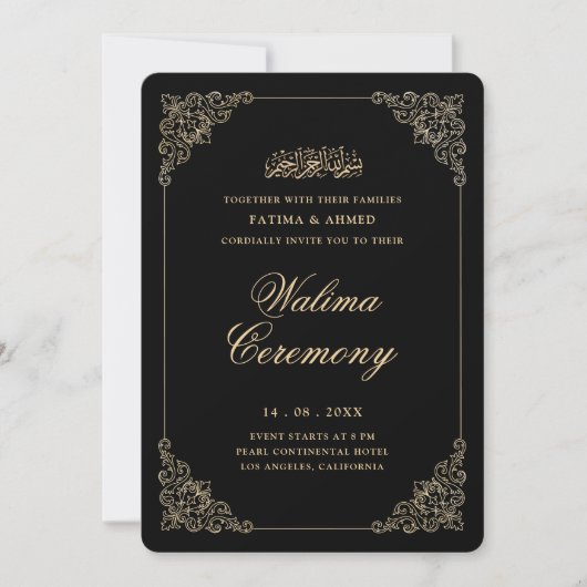 Antieke Barok Gouden Script Walima Ceremonie Kaart (Voorkant)