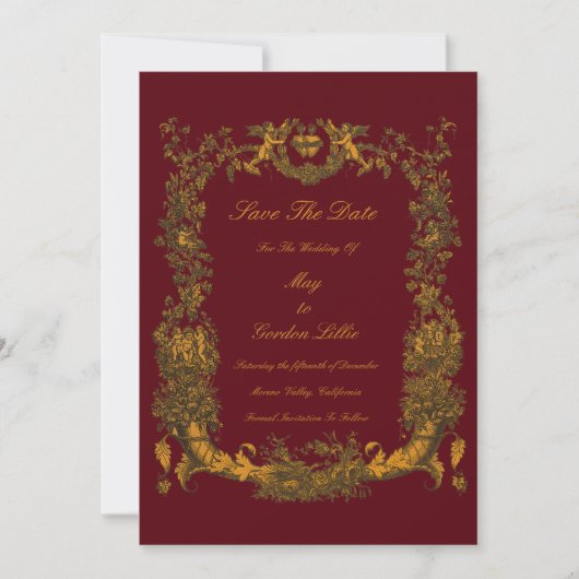 Antieke Barok Rococo Rand met Harten Save The Date (Voorkant)