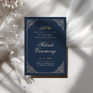 Antieke Barokke Lijst Navy Blauwe Mehndi Ceremonie Kaart