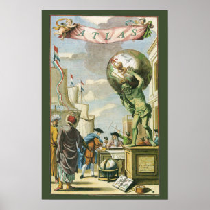 Antieke Barokke Tijdperk Atlas Frontispice Wereldb Poster