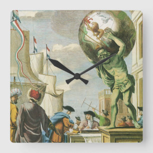 Antieke barokke tijdperk atlas frontispice wereldb vierkante klok