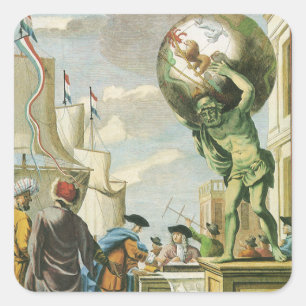 Antieke Barokke Tijdperk Atlas Frontispice Wereldb Vierkante Sticker
