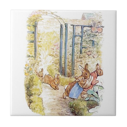Antieke Beatrix Potter, Konijnen, Keramische Tegel Tegeltje (Voorkant)