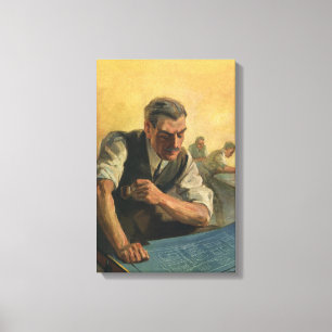 Antieke bedrijfsarchitect en bouwblauwdrukken canvas afdruk